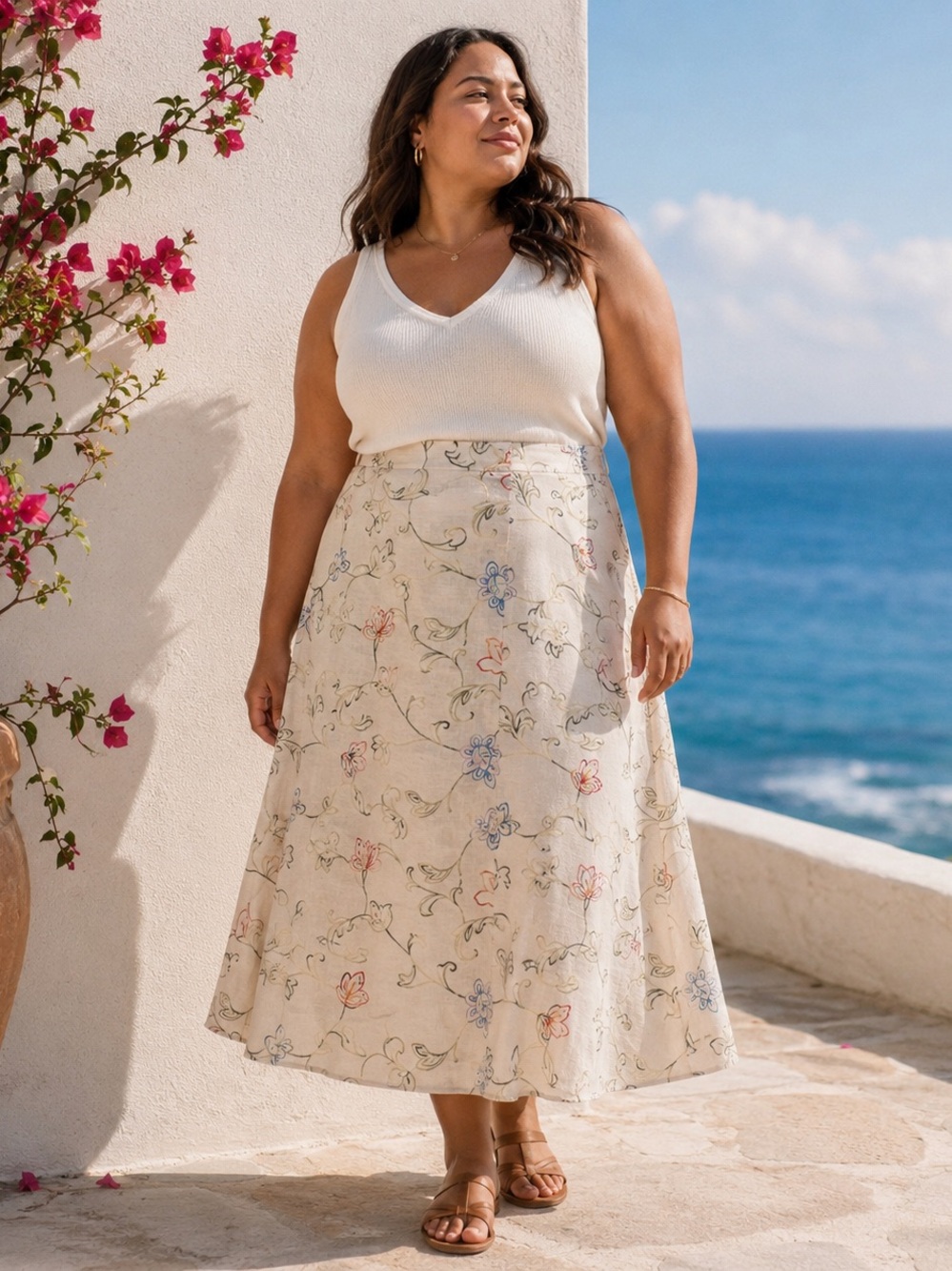 Linen Blend Embroidered Floral A-Line Midi Skirt